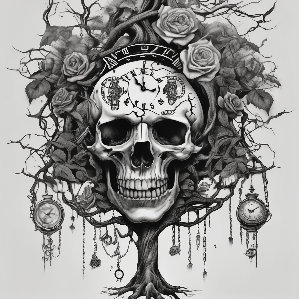 tattoo fool sleeve, tree roots break out of the chains, broken mask, clock with flying numbers, girl, skull, roses glitter tattoo, AI-generated Surreal tattoo design